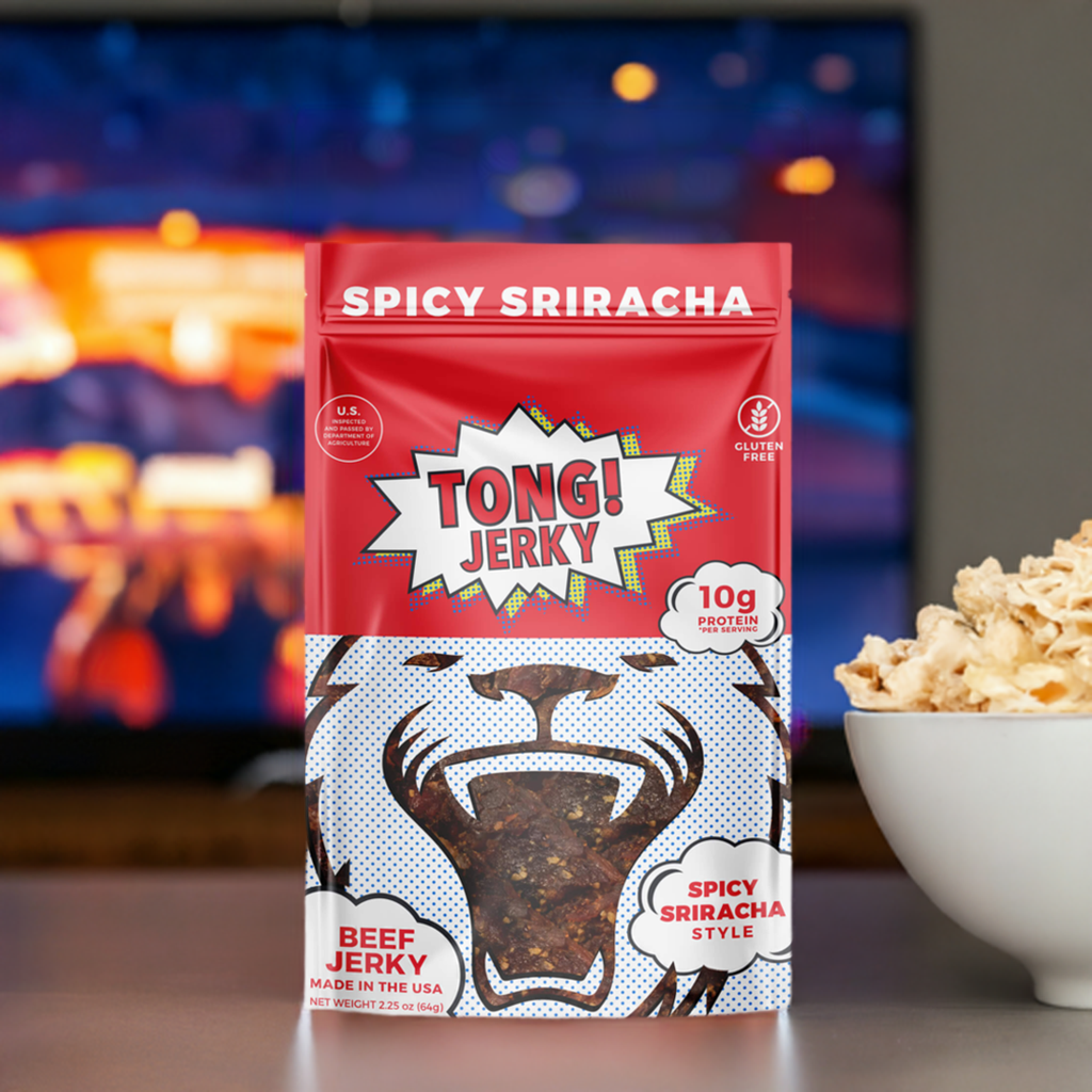 Tong Beef Jerky - Spicy Sriracha beside a bowl of chips